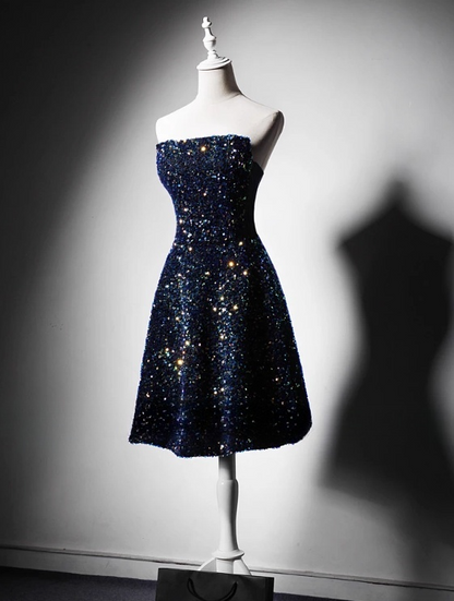 Vintage Navy Blue Sequin Strapless A-Line Mini Dress Homecoming Dress Party Dress Short Cocktail Dress TP5192