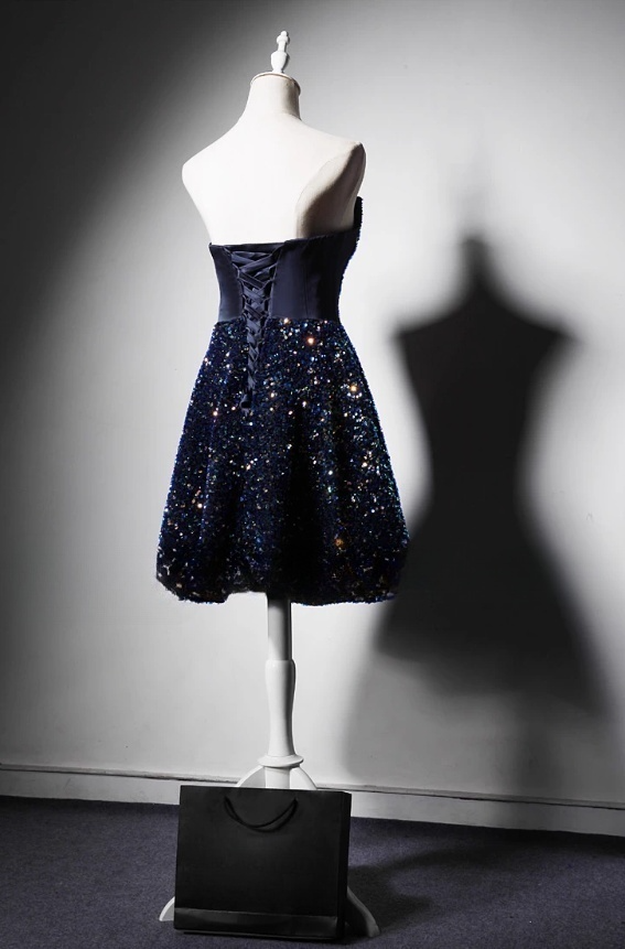 Vintage Navy Blue Sequin Strapless A-Line Mini Dress Homecoming Dress Party Dress Short Cocktail Dress TP5192