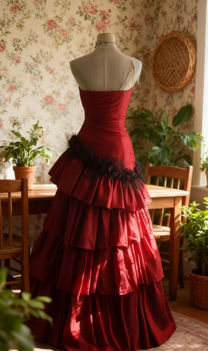 Elegant Red Sweetheart Evening Gown A-Line Strapless Tiered Prom Dress TP5219