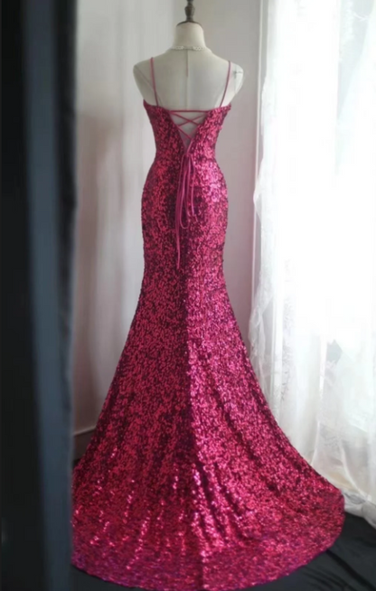 Elegant Hot Pink Sweetheart Sequined Evening Gown Mermaid Spaghetti Strap Prom Dress TP5222