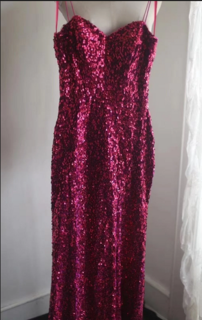 Elegant Hot Pink Sweetheart Sequined Evening Gown Mermaid Spaghetti Strap Prom Dress TP5222