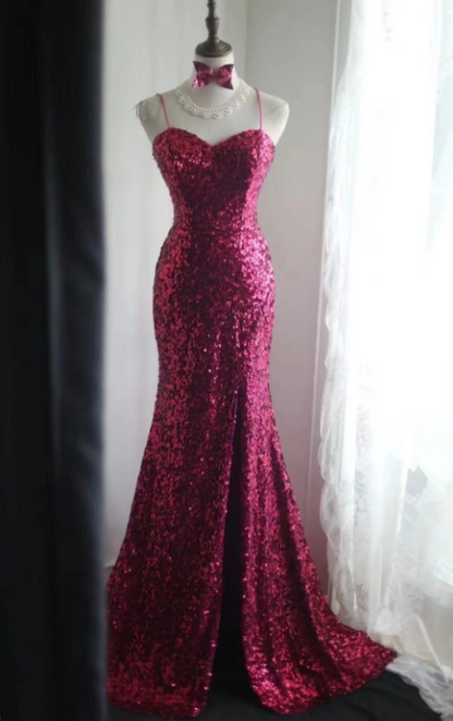 Elegant Hot Pink Sweetheart Sequined Evening Gown Mermaid Spaghetti Strap Prom Dress TP5222