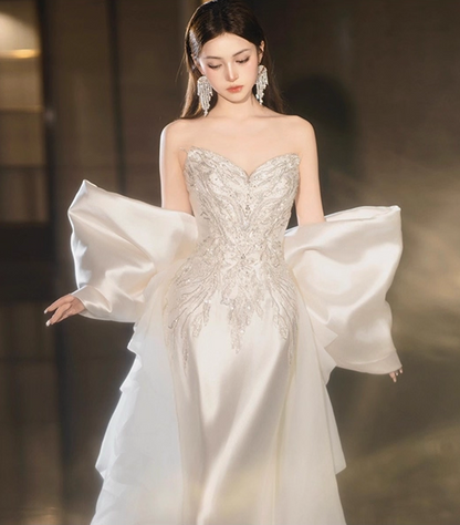 Glamorous Ivory Satin Bow Sweetheart Mermaid Wedding Dress Strapless Lace Embroidery Bridal Gown TP5236