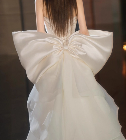 Glamorous Ivory Satin Bow Sweetheart Mermaid Wedding Dress Strapless Lace Embroidery Bridal Gown TP5236