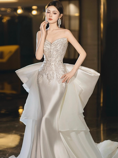 Glamorous Ivory Satin Bow Sweetheart Mermaid Wedding Dress Strapless Lace Embroidery Bridal Gown TP5236