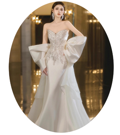 Glamorous Ivory Satin Bow Sweetheart Mermaid Wedding Dress Strapless Lace Embroidery Bridal Gown TP5236