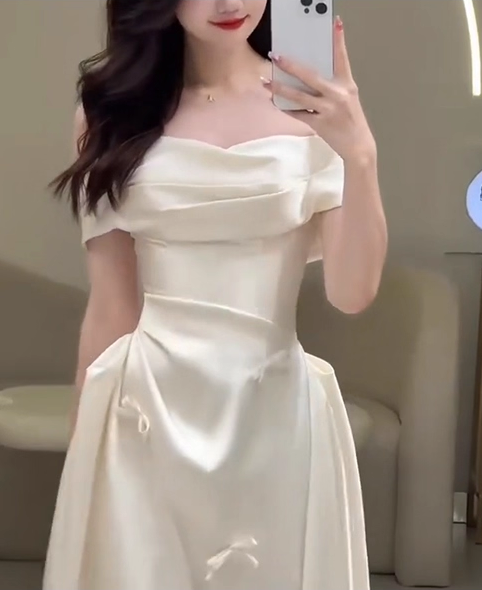 Vintage White Satin Off-Shoulder Ribbon Bow Wedding Dress A-Line Bridal Gown TP5174