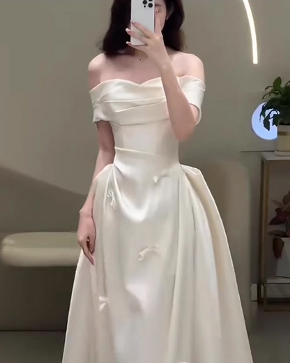 Vintage White Satin Off-Shoulder Ribbon Bow Wedding Dress A-Line Bridal Gown TP5174