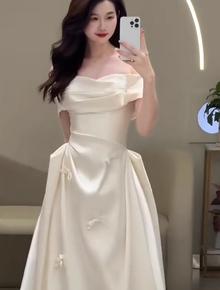 Vintage White Satin Off-Shoulder Ribbon Bow Wedding Dress A-Line Bridal Gown TP5174