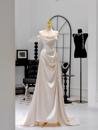 Glamorous Ivory Satin Off-Shoulder Wedding Dress Sheath Bridal Gown TP5237
