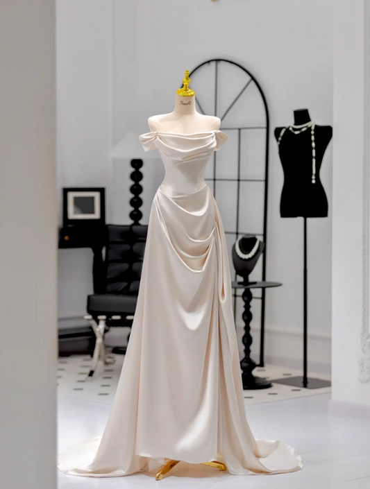 Glamorous Ivory Satin Off-Shoulder Wedding Dress Sheath Bridal Gown TP5237