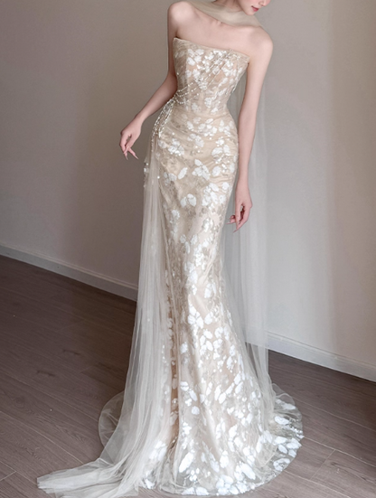 Chic Champagne Strapless Floral Mermaid Tulle Pearl Accents Evening Gown TP5265