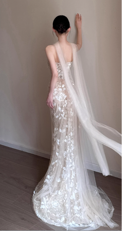 Chic Champagne Strapless Floral Mermaid Tulle Pearl Accents Evening Gown TP5265