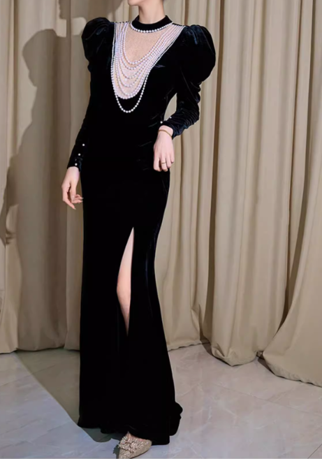 Vintage-Inspired Black Velvet Sheath Puff Sleeves Layered Pearl Neckline High Slit Evening Gown TP5266