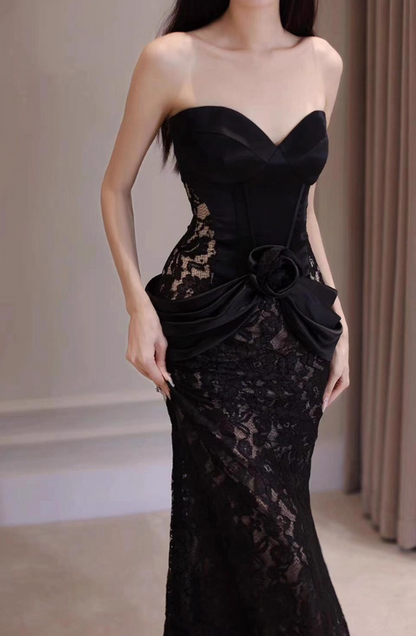 Glamorous Black Lace Sweetheart Strapless Mermaid Evening Gown TP5277