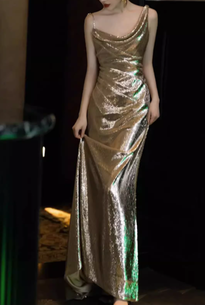 Glamorous Gold Draped Cowl Neck Sheath Sparkling Sleeveless Maxi Evening Gown TP5279