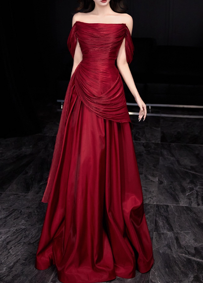Glamorous Burgundy Draped Off-Shoulder Satin A-Line Maxi Evening Gown TP5280