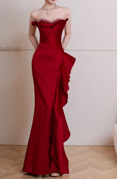 Elegant Red Satin Strapless Sheath Ruffled Beaded Sweetheart Neckline Evening Gown TP5283