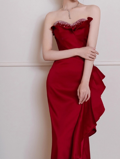 Elegant Red Satin Strapless Sheath Ruffled Beaded Sweetheart Neckline Evening Gown TP5283