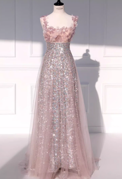Elegant Pink Sequin Tulle 3D Floral Embellished Bodice A-Line Evening Gown TP5285