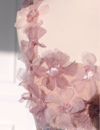 Elegant Pink Sequin Tulle 3D Floral Embellished Bodice A-Line Evening Gown TP5285