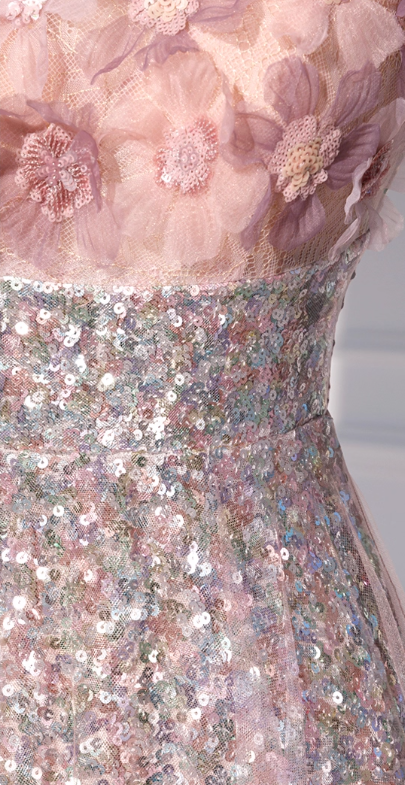 Elegant Pink Sequin Tulle 3D Floral Embellished Bodice A-Line Evening Gown TP5285