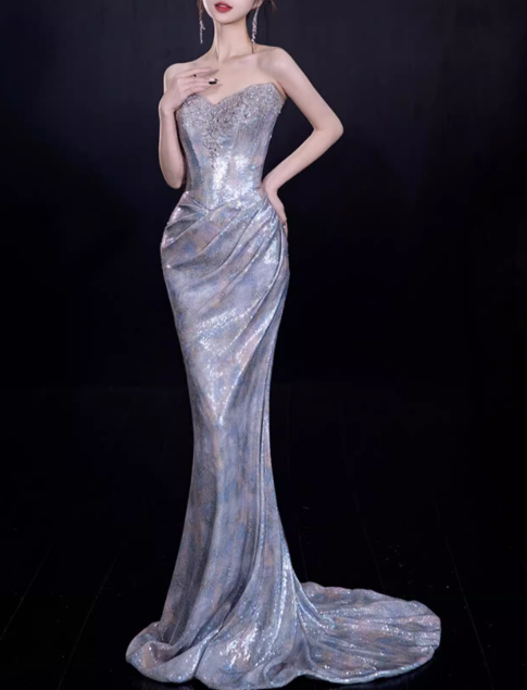 Glamorous Silver Beaded Mermaid Strapless Sweetheart Neckline Puff Sleeves Evening Gown TP5286