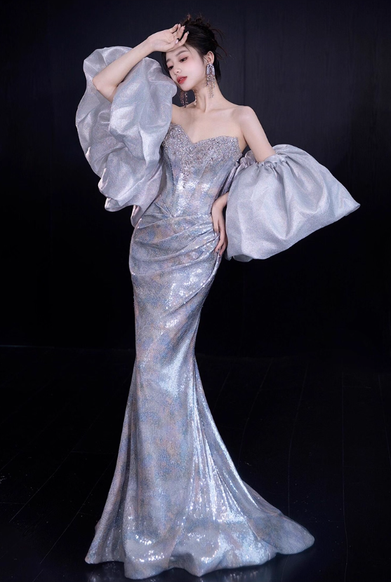 Glamorous Silver Beaded Mermaid Strapless Sweetheart Neckline Puff Sleeves Evening Gown TP5286