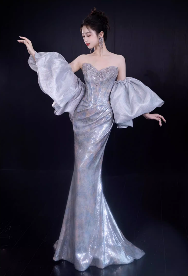 Glamorous Silver Beaded Mermaid Strapless Sweetheart Neckline Puff Sleeves Evening Gown TP5286
