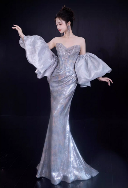 Glamorous Silver Beaded Mermaid Strapless Sweetheart Neckline Puff Sleeves Evening Gown TP5286