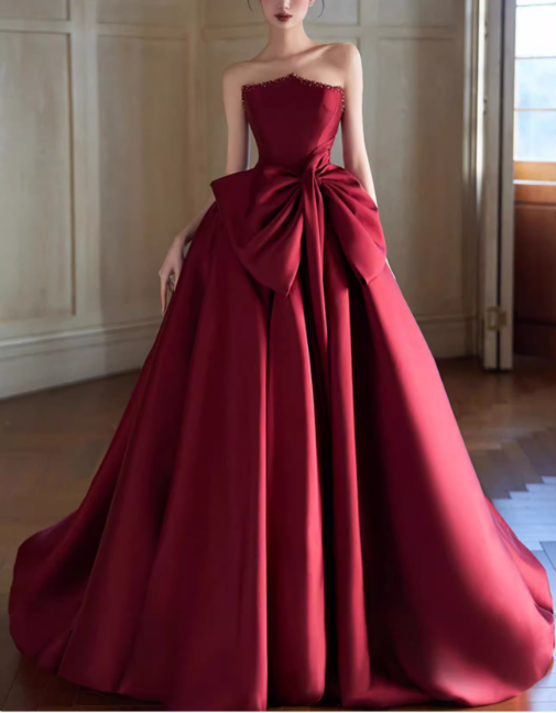 Elegant Burgundy Satin Strapless Sweet 16 A-Line Oversized Bow Quinceanera Ball Gown TP5287