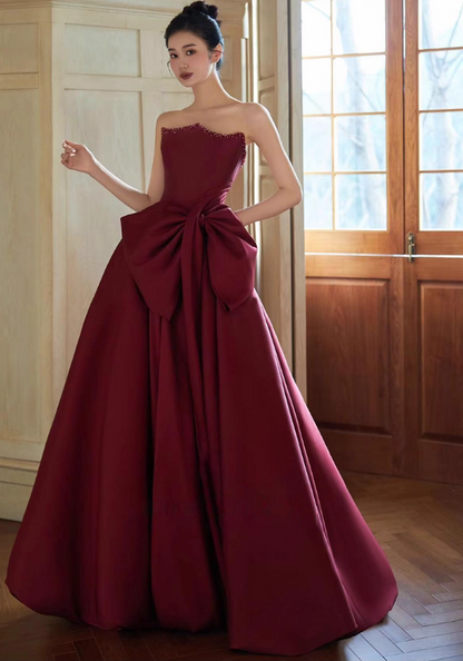 Elegant Burgundy Satin Strapless Sweet 16 A-Line Oversized Bow Quinceanera Ball Gown TP5287