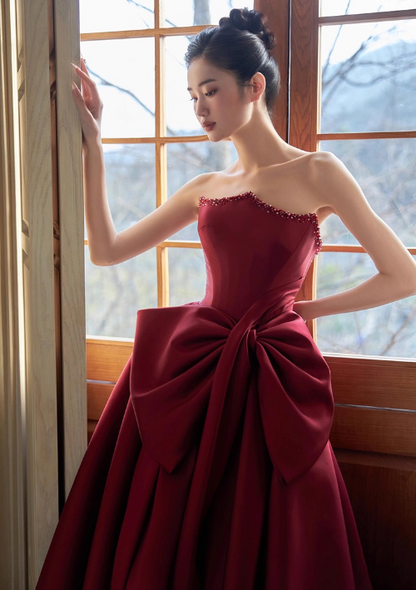 Elegant Burgundy Satin Strapless Sweet 16 A-Line Oversized Bow Quinceanera Ball Gown TP5287