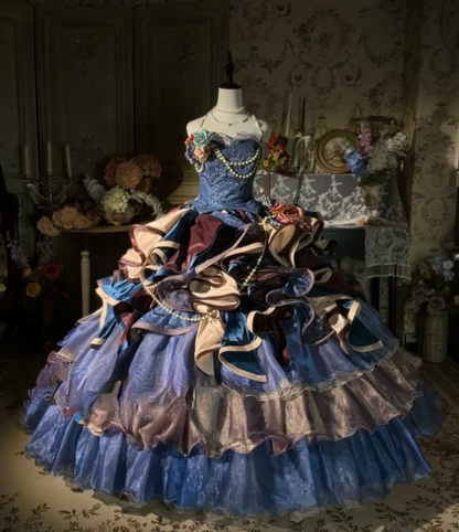 Vintage 3D Floral Multi-layered Ruffled Strapless Sweet 16 A-Line Quinceanera Ball Gown TP5291