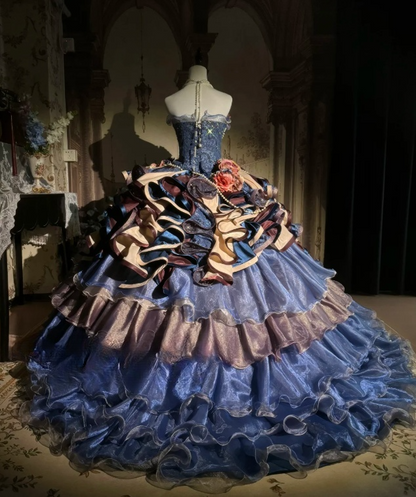 Vintage 3D Floral Multi-layered Ruffled Strapless Sweet 16 A-Line Quinceanera Ball Gown TP5291