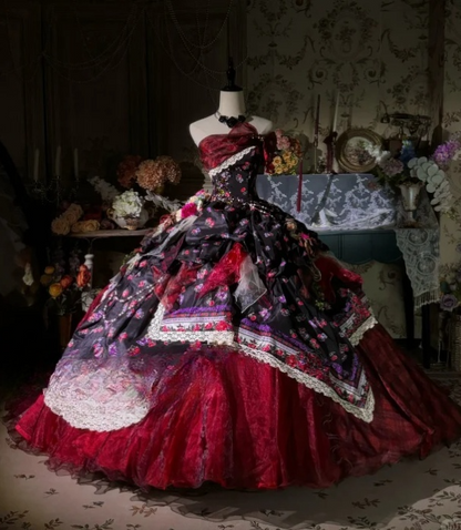 Vintage-Inspired Floral Brocade Ruffled Lace Strapless Black & Red Sweet 16 A-Line Quinceanera Ball Gown TP5292