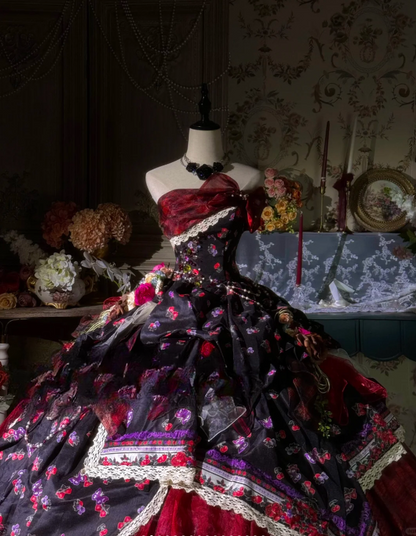 Vintage-Inspired Floral Brocade Ruffled Lace Strapless Black & Red Sweet 16 A-Line Quinceanera Ball Gown TP5292