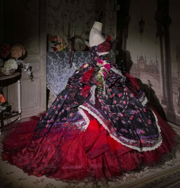 Vintage-Inspired Floral Brocade Ruffled Lace Strapless Black & Red Sweet 16 A-Line Quinceanera Ball Gown TP5292