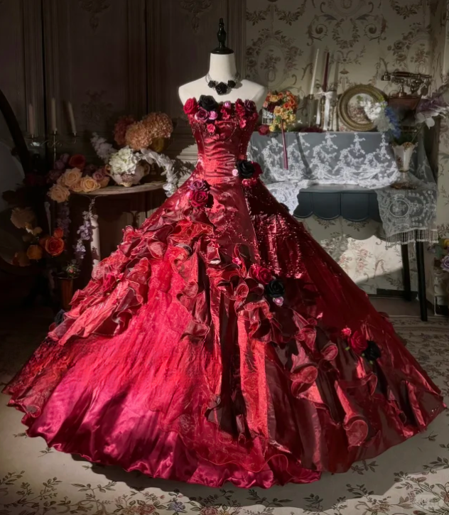 Vintage Burgundy 3D Floral Embellished Ruffled Satin Sweet 16 Quinceanera Ball Gown TP5293