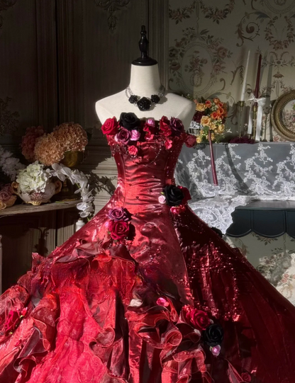 Vintage Burgundy 3D Floral Embellished Ruffled Satin Sweet 16 Quinceanera Ball Gown TP5293