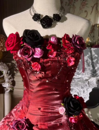 Vintage Burgundy 3D Floral Embellished Ruffled Satin Sweet 16 Quinceanera Ball Gown TP5293