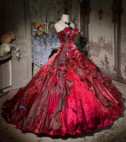 Vintage Burgundy 3D Floral Embellished Ruffled Satin Sweet 16 Quinceanera Ball Gown TP5293