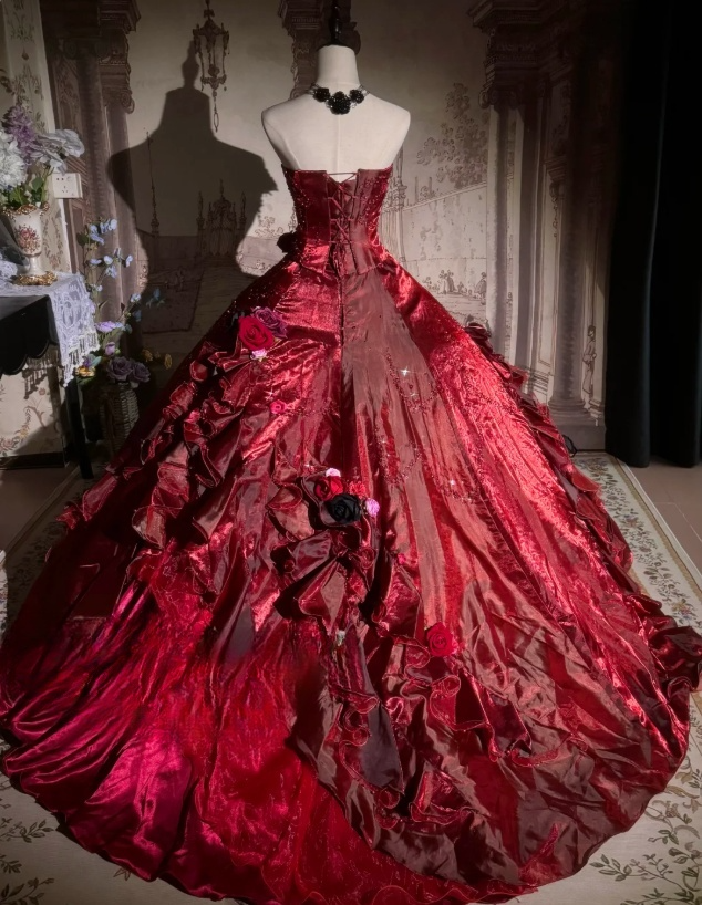 Vintage Burgundy 3D Floral Embellished Ruffled Satin Sweet 16 Quinceanera Ball Gown TP5293