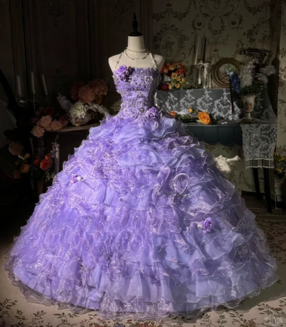 Vintage Lavender 3D Floral Embellished Ruffled Layered Tulle Sweet 16 Quinceanera Ball Gown TP5294