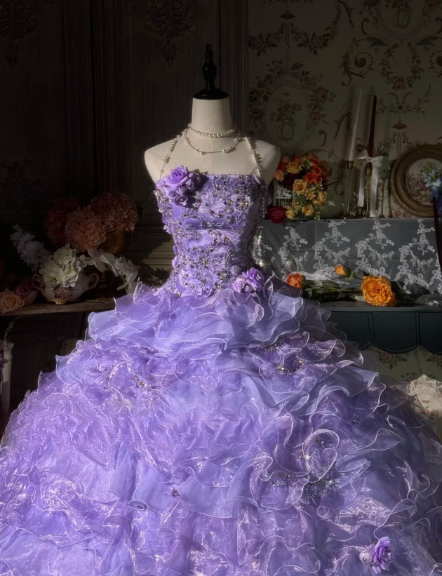 Vintage Lavender 3D Floral Embellished Ruffled Layered Tulle Sweet 16 Quinceanera Ball Gown TP5294