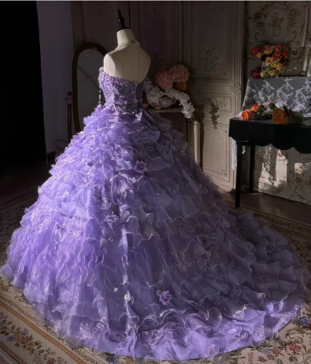 Vintage Lavender 3D Floral Embellished Ruffled Layered Tulle Sweet 16 Quinceanera Ball Gown TP5294