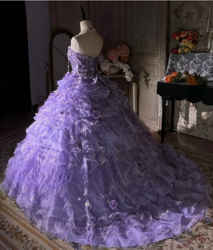 Vintage Lavender 3D Floral Embellished Ruffled Layered Tulle Sweet 16 Quinceanera Ball Gown TP5294