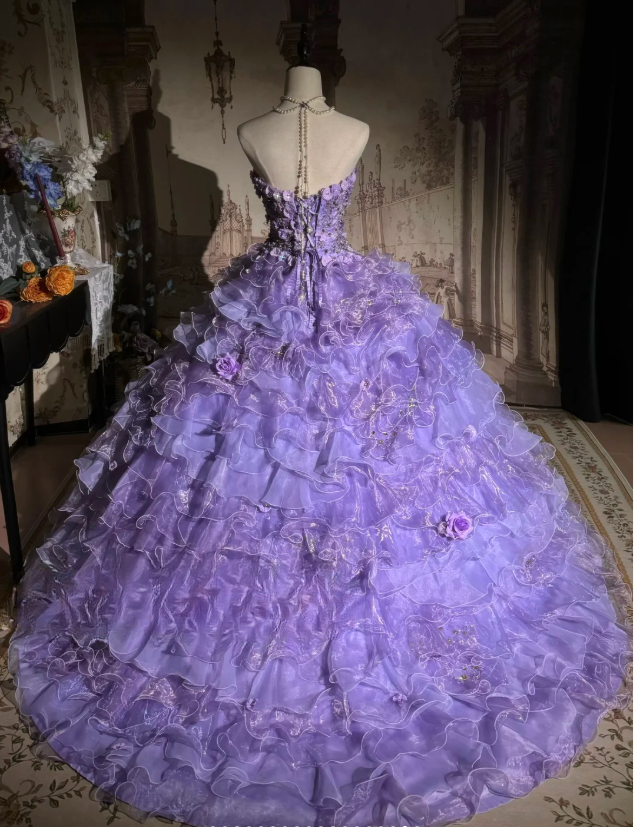 Vintage Lavender 3D Floral Embellished Ruffled Layered Tulle Sweet 16 Quinceanera Ball Gown TP5294
