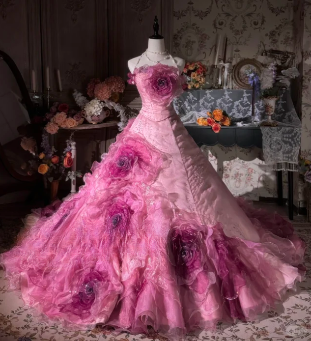 Vintage Pink 3D Flower Embellished Layered Ruffled Tulle Sweet 16 Quinceanera Ball Gown TP5295