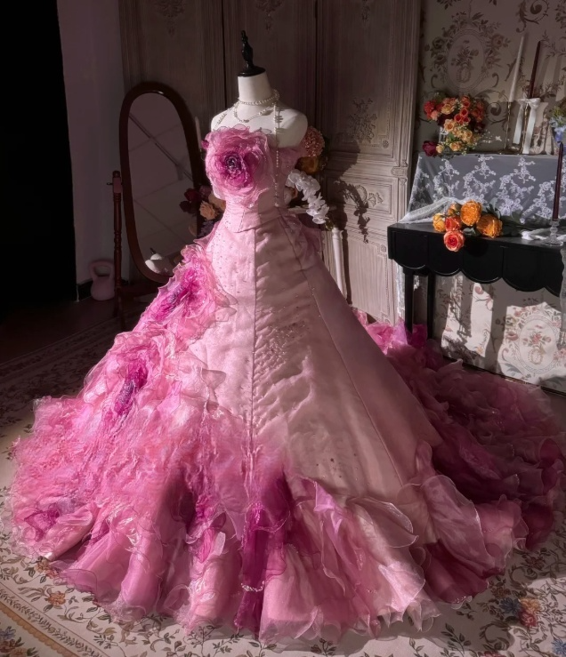 Vintage Pink 3D Flower Embellished Layered Ruffled Tulle Sweet 16 Quinceanera Ball Gown TP5295